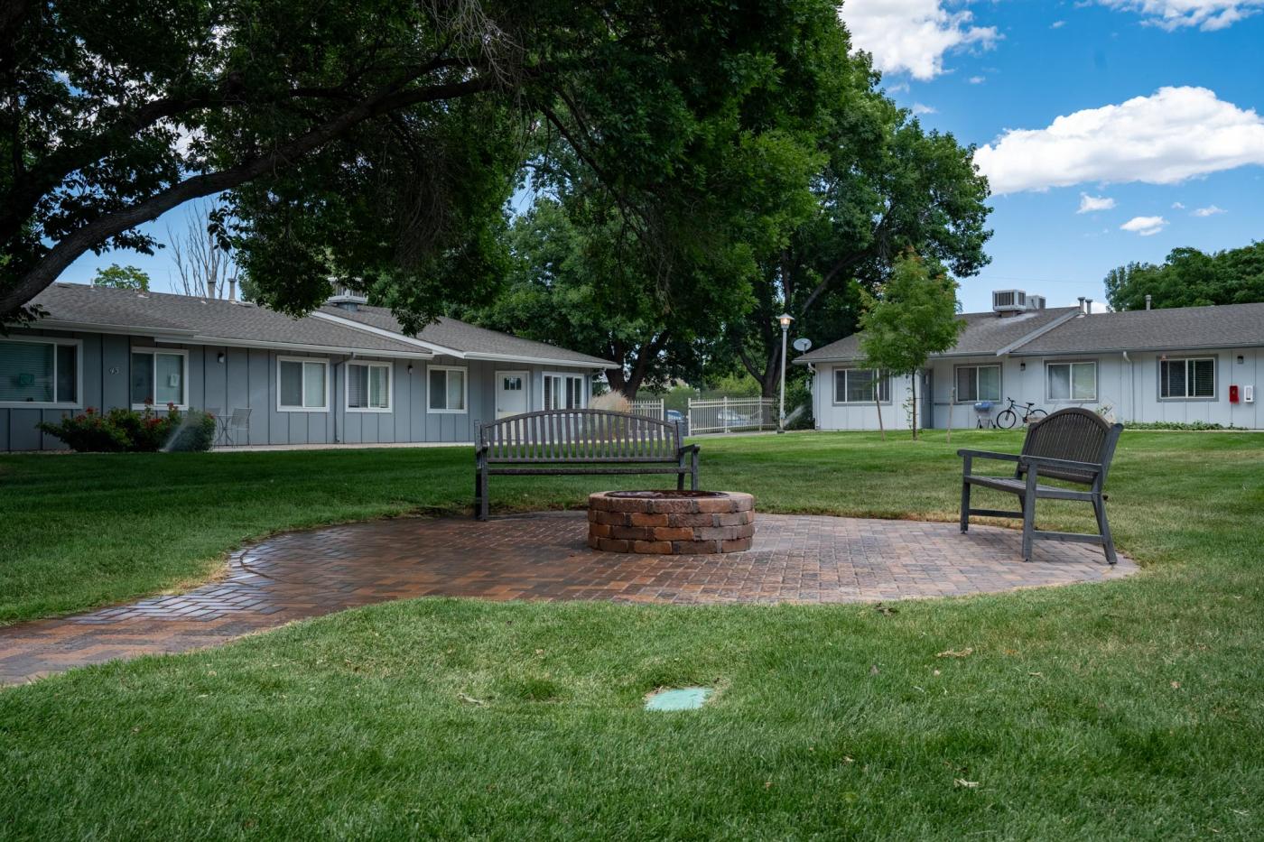 Benches and firepit in center of campus