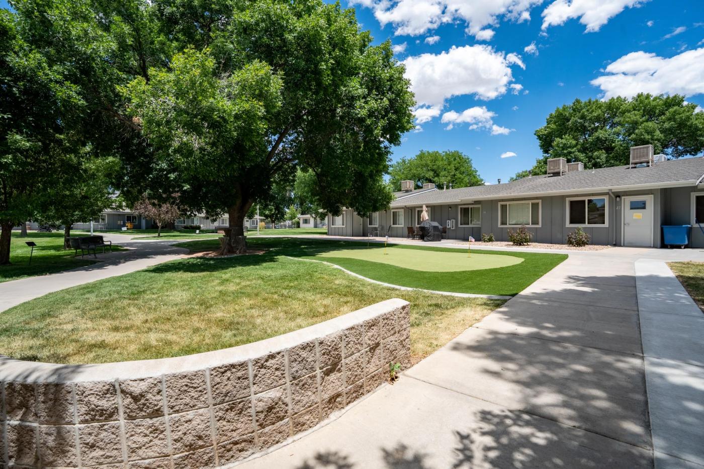 Sidewalks and apartments on campus